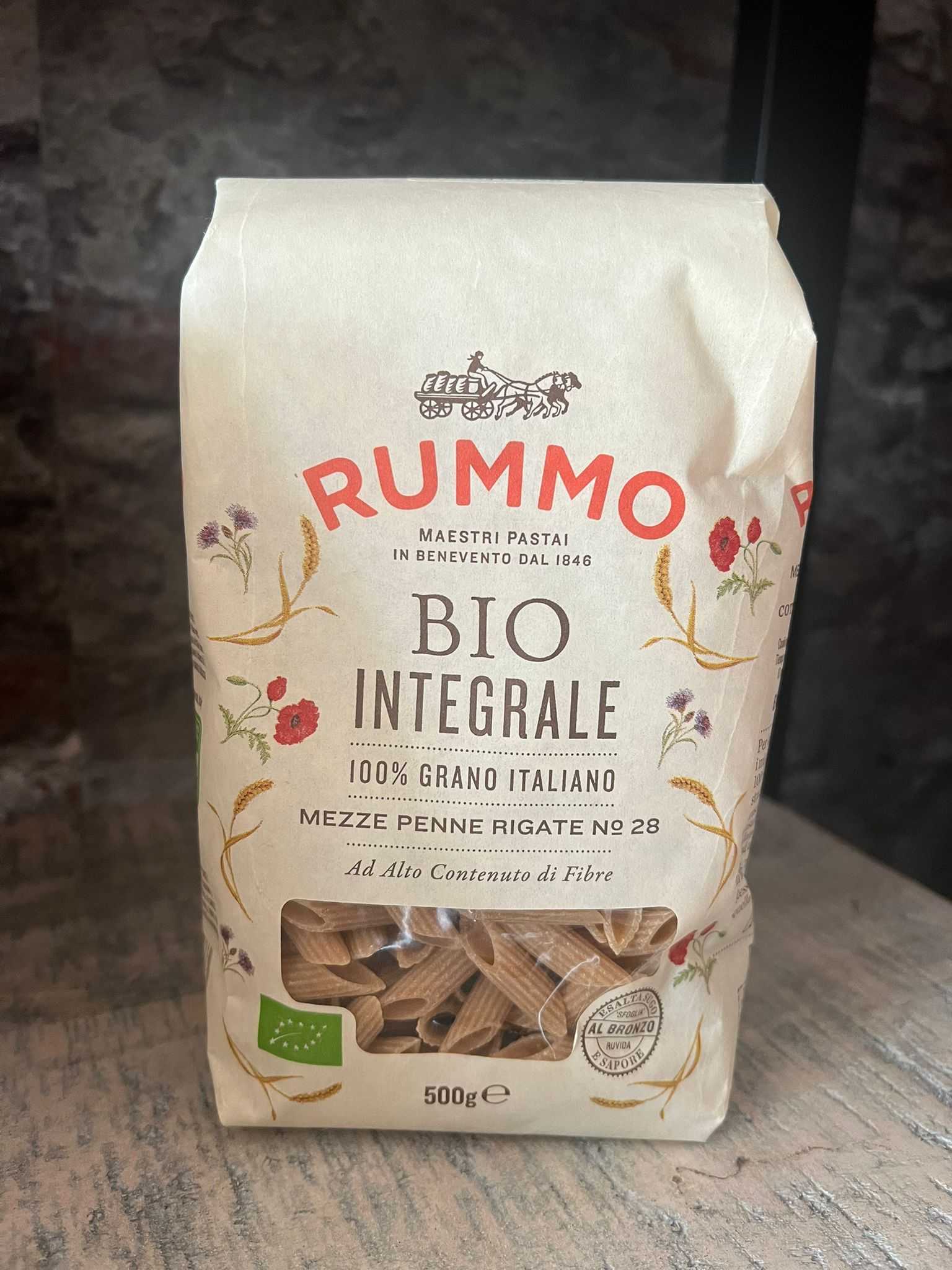 Rummo BIO INTEGRALE, Mezze Penne Rigate N°28, Vollkorn Hartweizengrieß Nudeln ohne Ei (vegan)