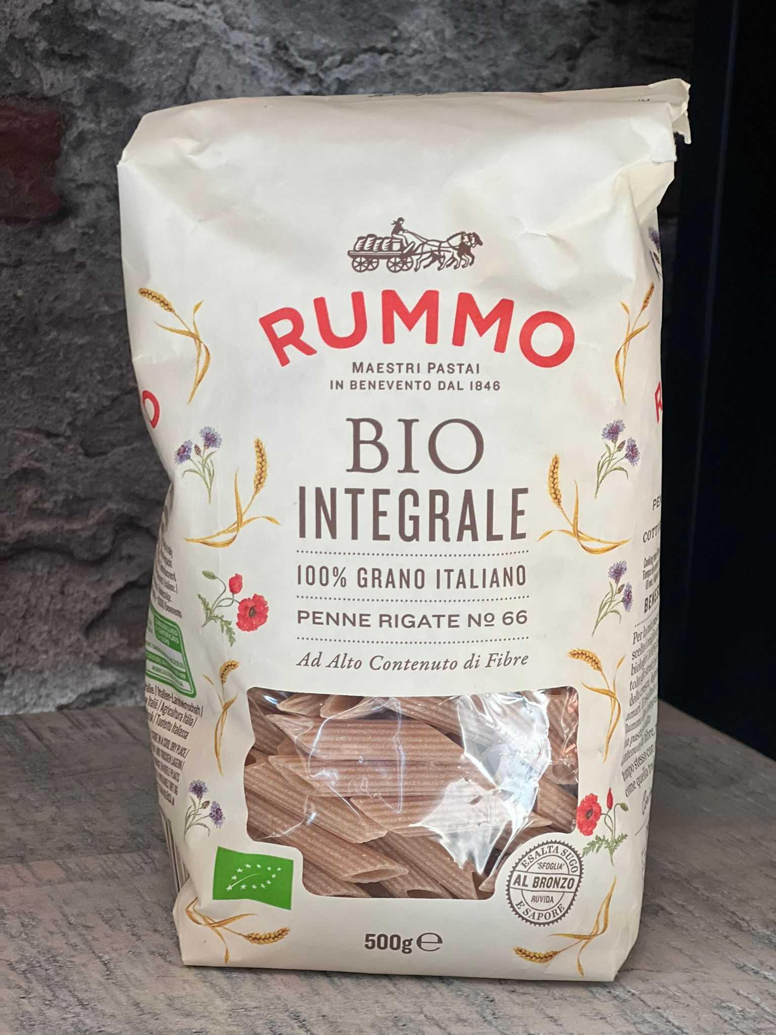 Rummo BIO INTEGRALE, Penne Rigate N°66, Vollkorn Hartweizengrieß Nudeln ohne Ei (vegan)